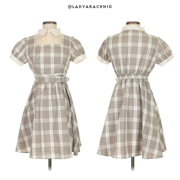 ANK ROUGE romantic casual beige check belted mini dress - Picture 2 of 6